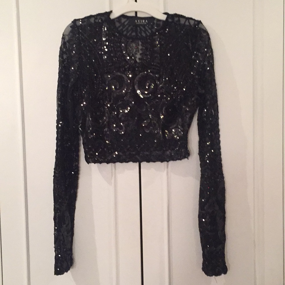 Akira long sleeve sheer sequin cropped top